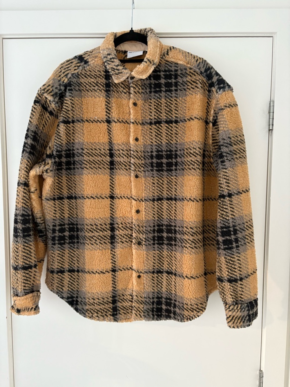ASOS Tan and Black Plaid Sherpa Button-Down Shirt Jacket